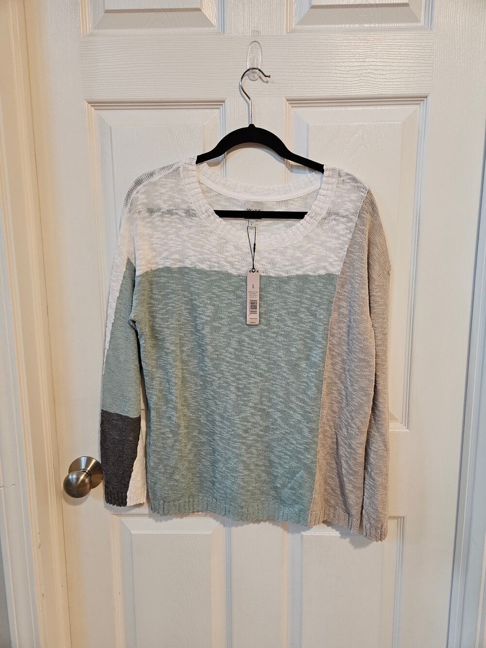 NIC+ZOE Women’s Large Colorblock Open Knit Sweater Blue Multi NWT $148